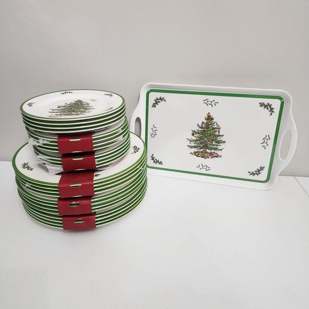 Spode Christmas Tree Melamine Dinner & Salad Plates Serving Tray Set of 12 New